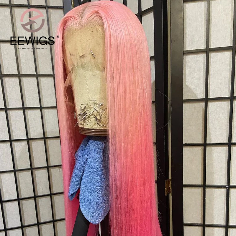 

Long Straight Synthetic Pink Ombre Color Heat Resistant Transparent 13X4 Lace Front Wigs For Women Drag Queen Cosplay Preplucked