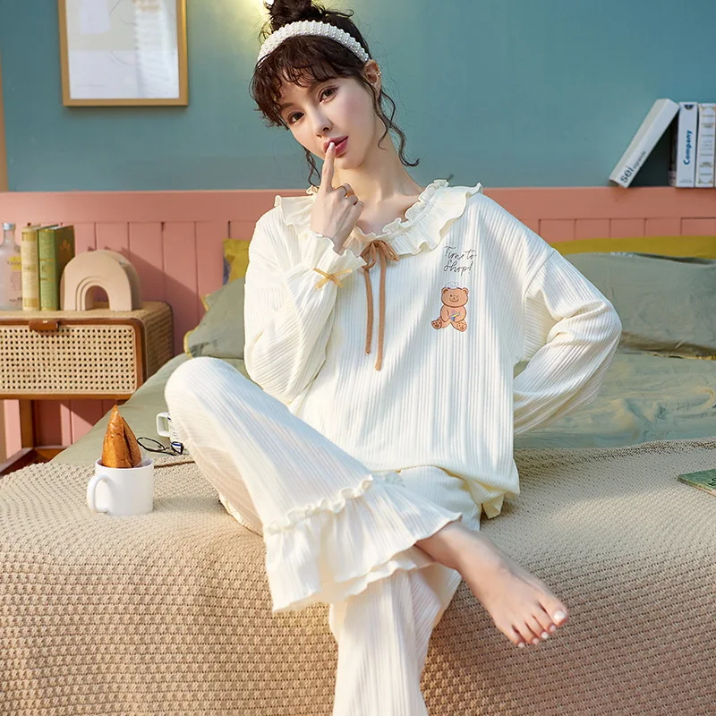 

2022 Autumn Sleepwear Cotton Home Clothes Plus Size M-2XL Nightwear Spring Long Sleeves Sleeping Top Trousers pijama mujer