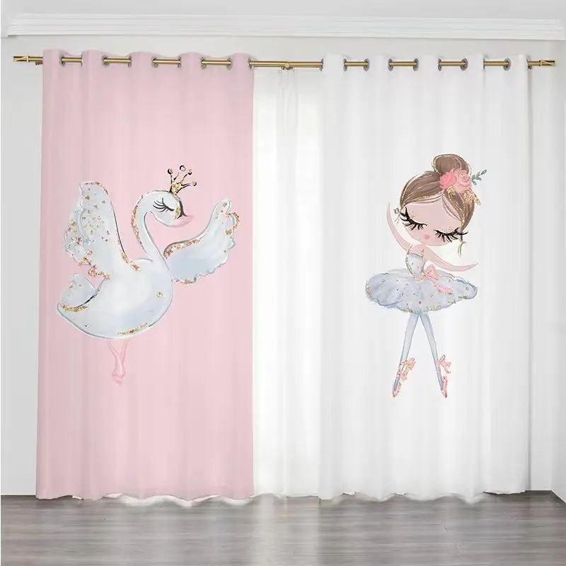 

Cartoon Ballet Cute Unicorn Swan Pink Princess Girl Window Curtains for Kids Bedroom Living Room Kitchen Door Home Decor 2Pieces