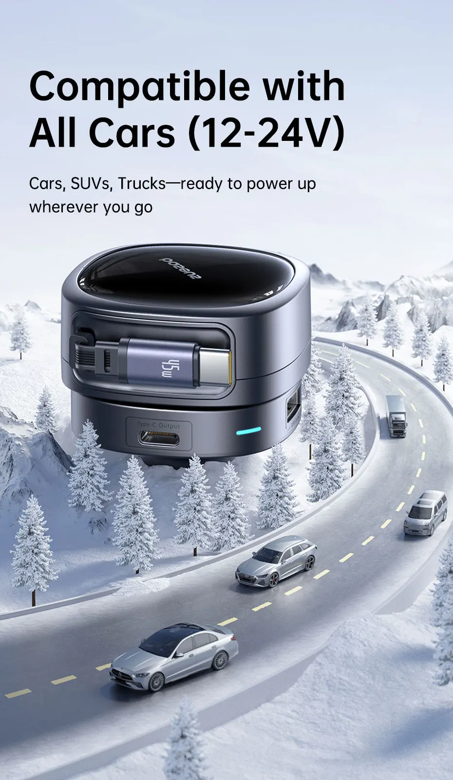 60W Car Charger 45W Retractable Cable 3 Ports Fast Charging 180° Rotating Car Ph
