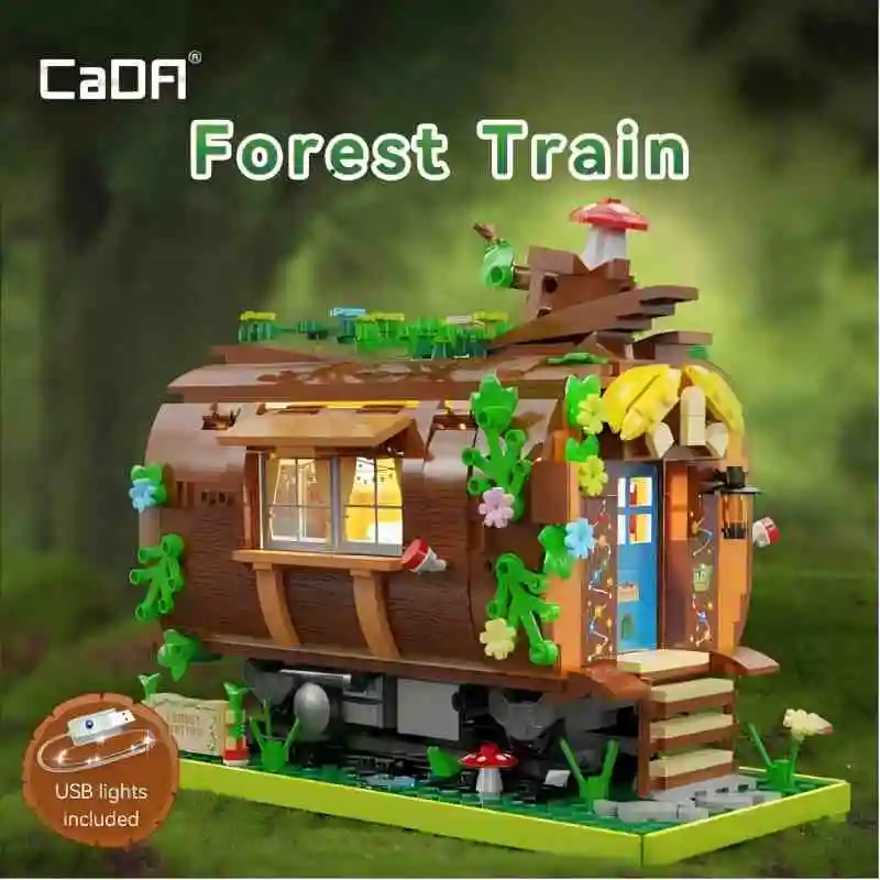 Cada Forest Station LED City Forest Train Tree House Building Blocks Mushroom House Architecture Bricks Toys for Kid Gifts