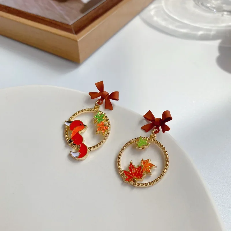 Cartoon Animal Fox Yellow Maple Leaves Earrings for Women Cute Bow Dangle Earring Party Jewelry Gifts