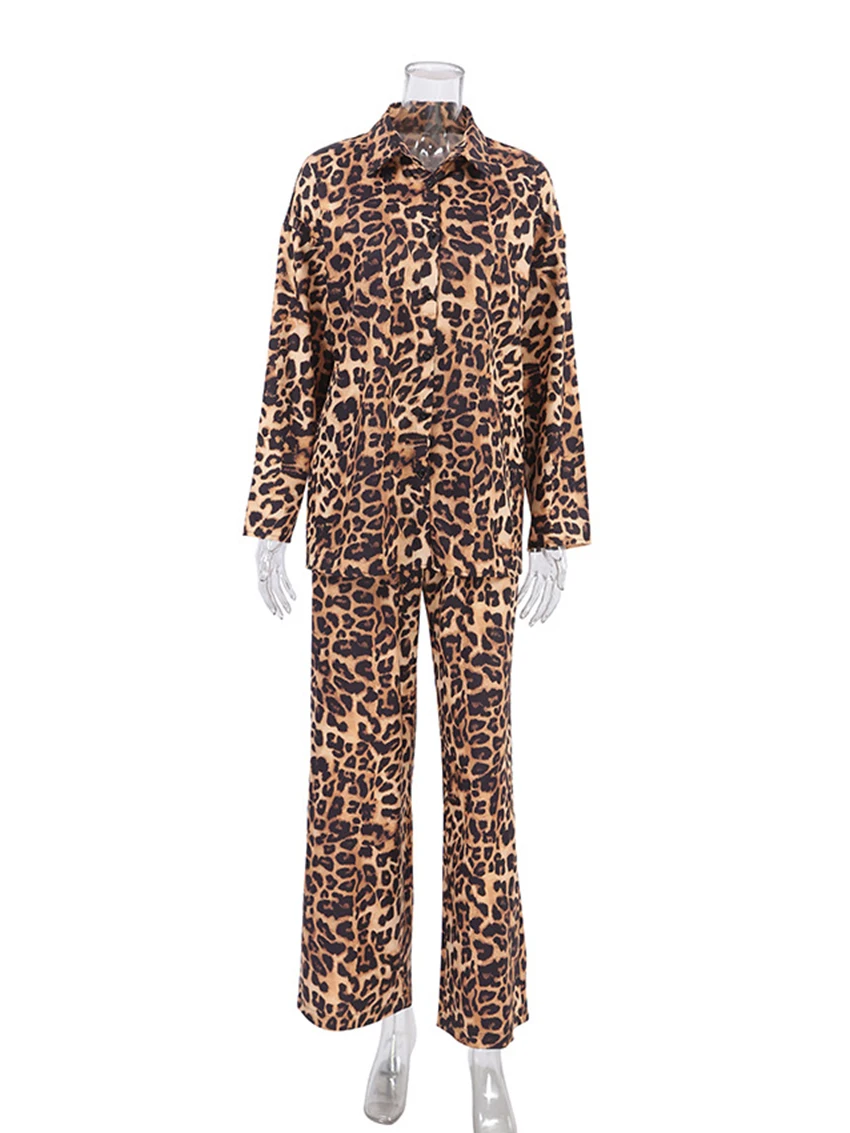 Marthaqiqi Fashion Ladies Sleepwear Set Long Sleeve Nightwear Turn-Down Collar Nightgowns Pants Leopard Print Femme Pajamas Suit