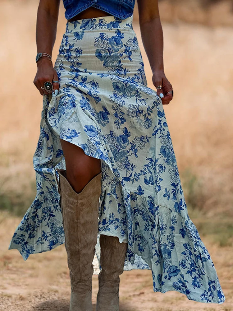 Women's White Blue Floral Maxi Skirt with Ruffled High Slit Bohemian Western Style Ideal for Summer Outings 2