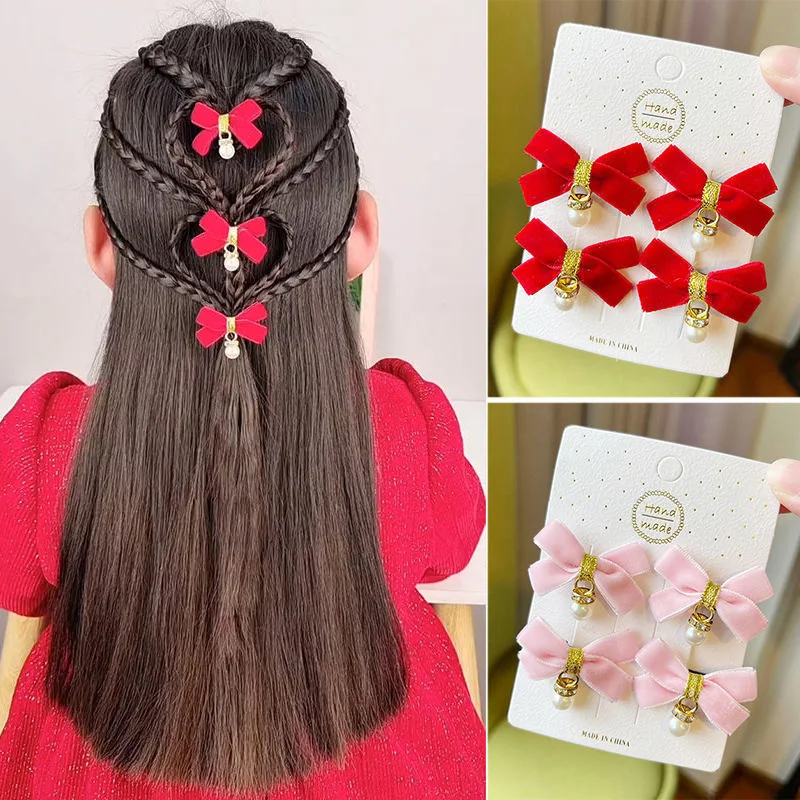 

4PCS Velvet Bow Beads Lovely Baby Hairpins Kids Hair Clips Children Headwear Princess Barrette Girls Hair Accessories