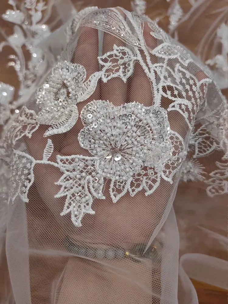 High Quality Embroidery Leaf White Bead Sequin Mesh Wedding Dress DIY Lace Fabric Clothing Accessories