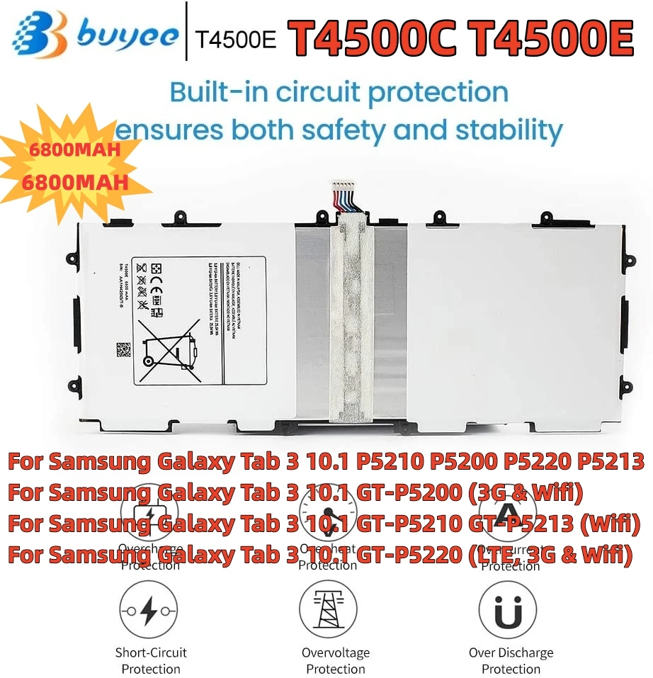 

T4500E Laptop Battery For Samsung Galaxy Tab 3 10.1 GT-P5210 P5200 P5220 P5213 Series Tablet T4500C T4500U 3.8V 6800mAh 25.84WH