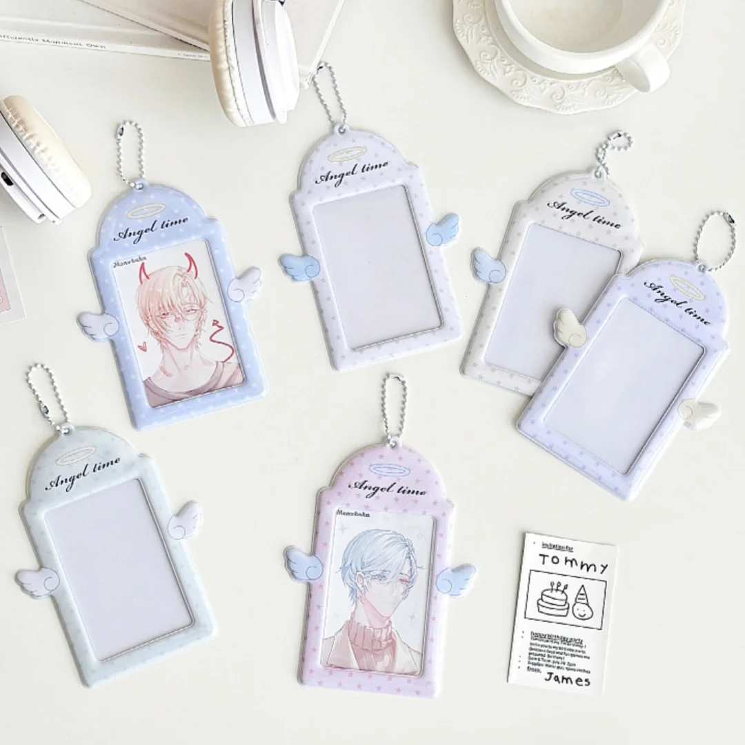 Ins Angel Wings Kpop Card Holder PVC Card Cover Keychain Ornament Photocard Holder Student Bus Car Case Photo Protector Sleeves