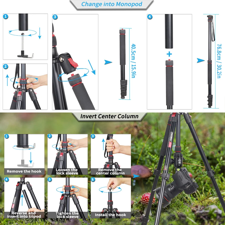 RT30 Tripod  Fast Flip Buckle Height 197cm/77.6in Monopod Aluminium Alloy Profes