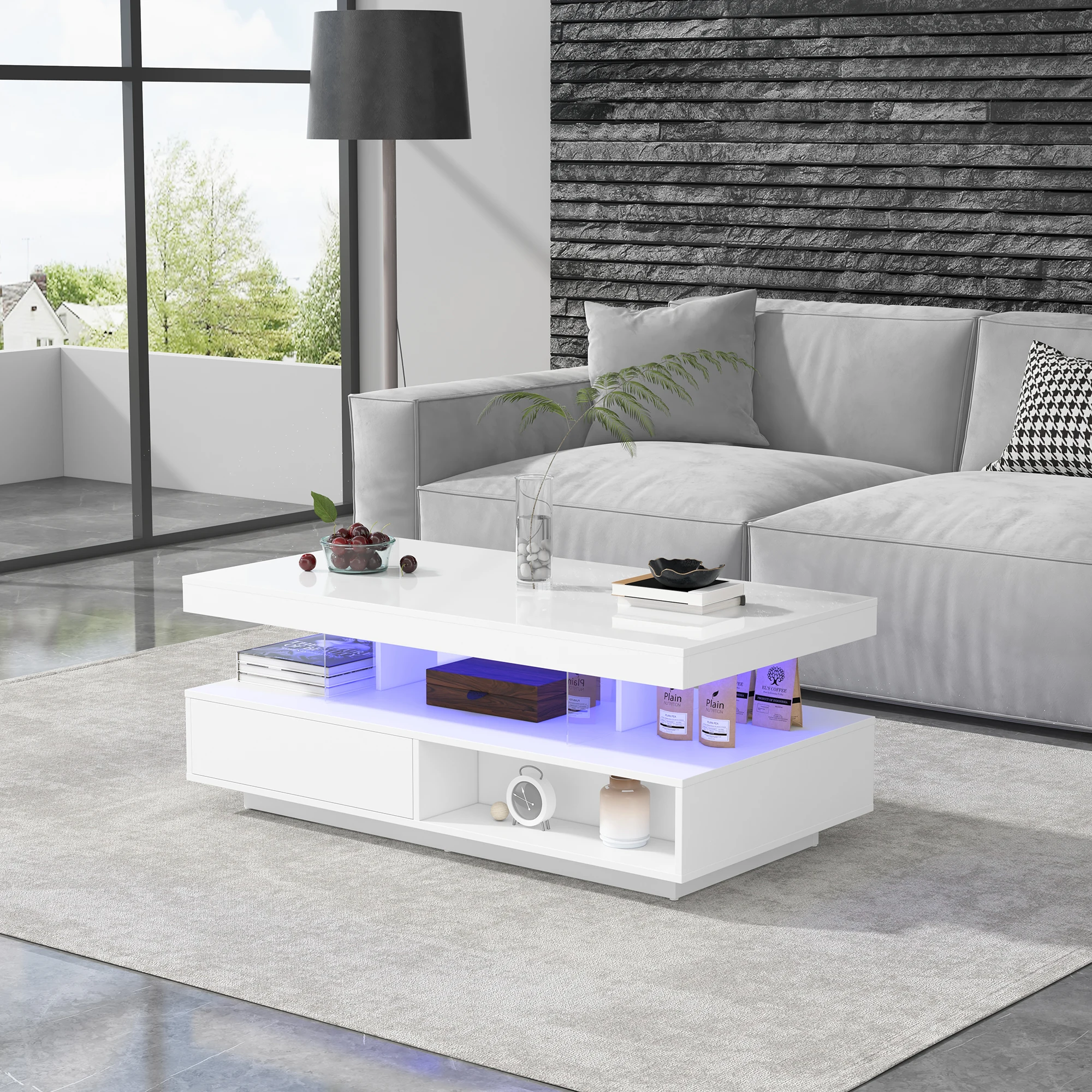 Weißer Hochglanz-Couchtisch 95 x 50 x 42,5 cm – mit 4 Glasböden, 2 Schubladen und 2 offenen Fächern, Wohnzimmerschrank – Detail 4
