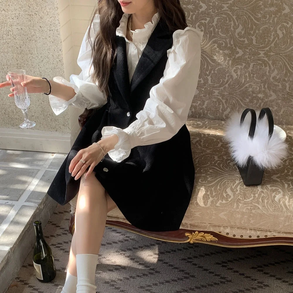 

Lace Up Bubble Sleeve Sweet Shirt Duke Belted Waist Black Lapel Tweed Sundress Dress Spring New Model