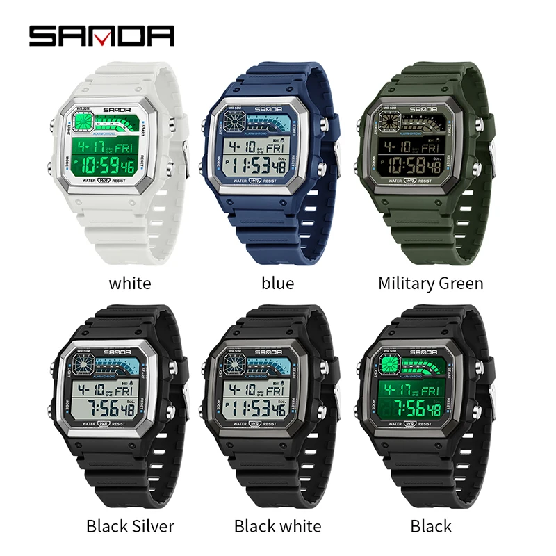2024 SANDA 6196 Electronic Watch Multi functional Night Glow Waterproof Sports Men's Lightweight Square Classic Student Watch 5