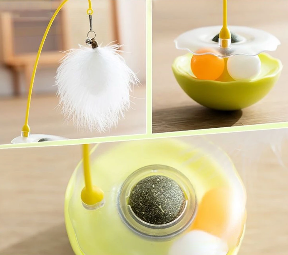 Interactive cat rolling toy ABS base with feather rolling ball anti tipping design for cat play toy