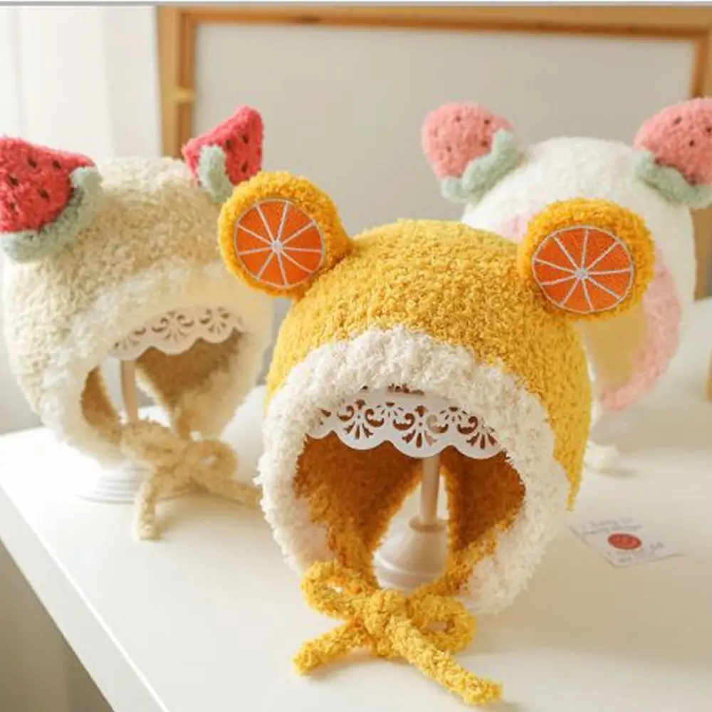 

Orange Kids Strawberry Earflap Bonnet Cap Cartoon Design Cashmere Children Bomber Hat Korean Cap Fruit Shape Ear Beanie