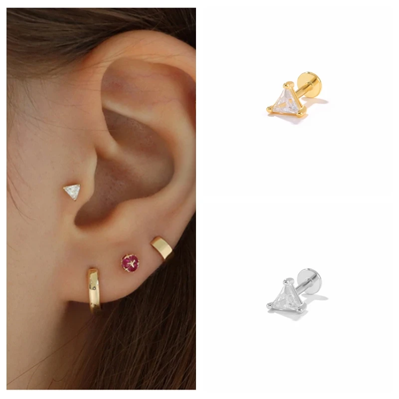 CANNER 925 Sterling Silver Stud Earrings for Women Cubic Zirconia Labret Lip Ring CartilageTragus Piercing Earring Jewelry 1pc