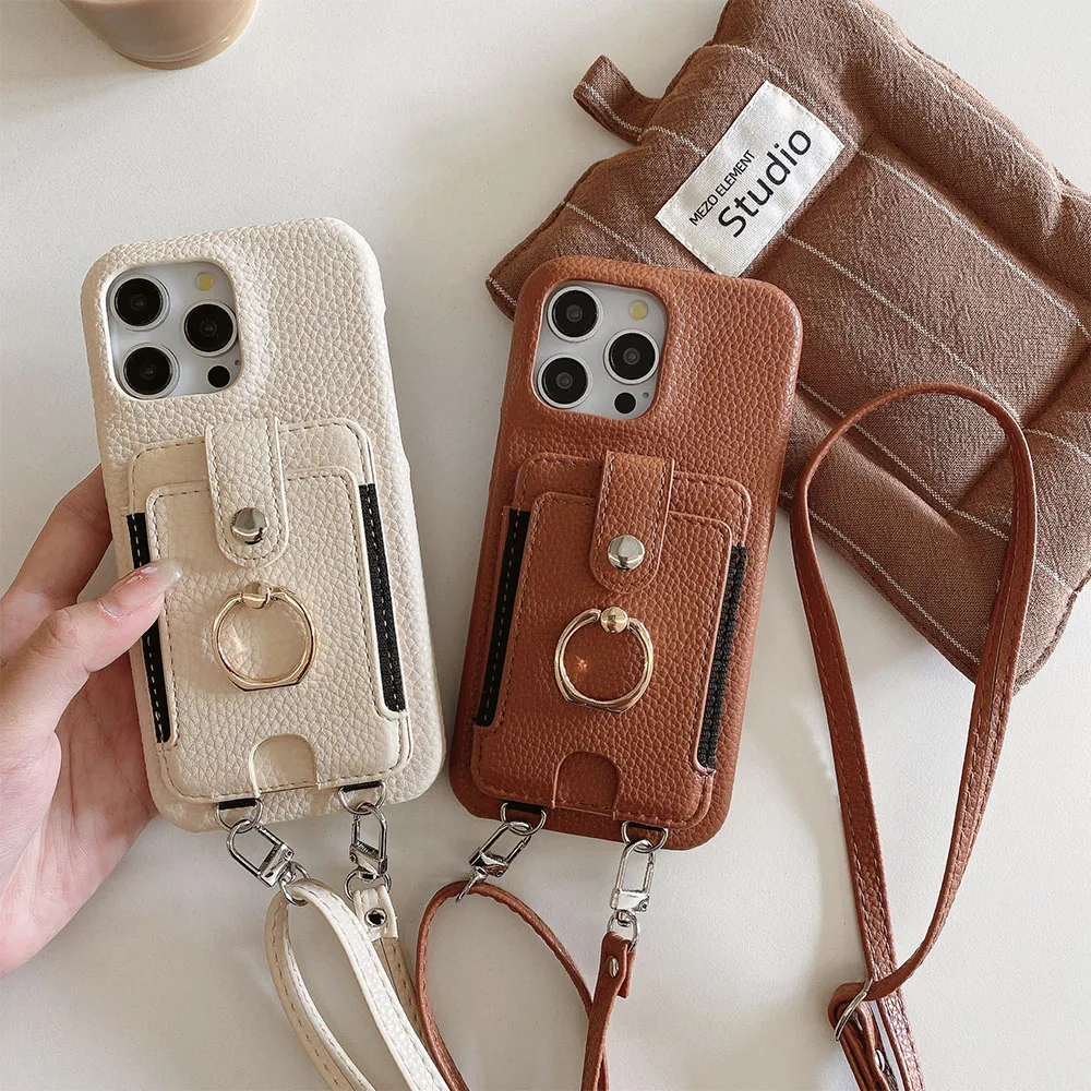 Luxurious Leather Crossbody Phone Case with Ring Wallet and Card Holder