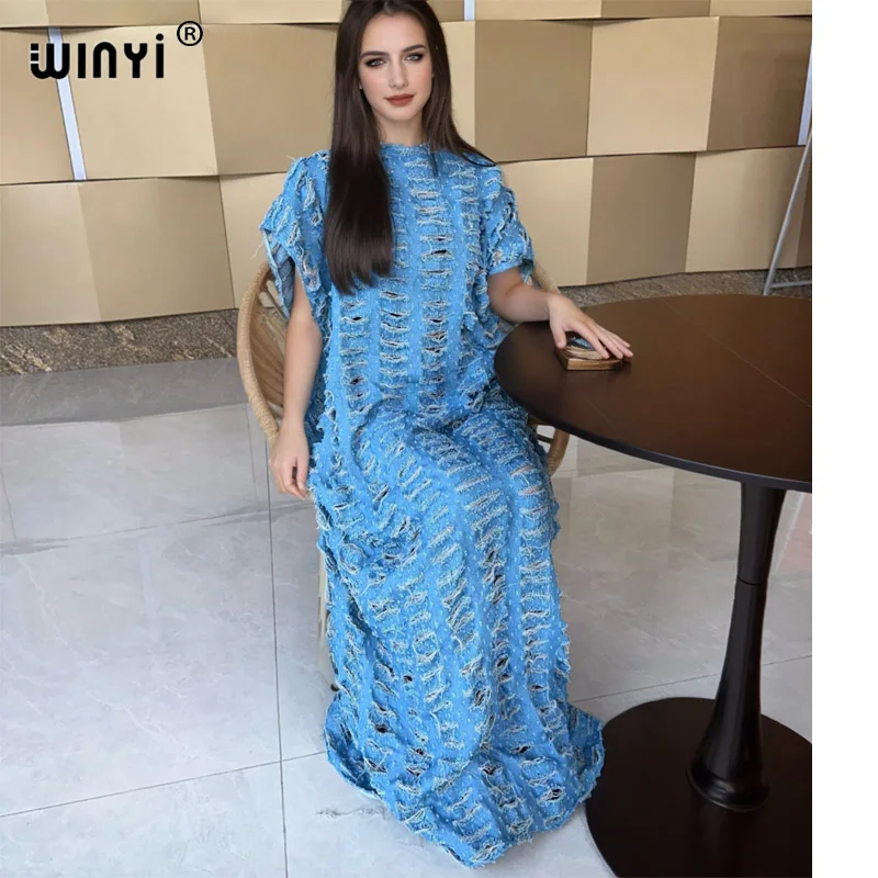 Denim Dress WINYI Original denim sexy long dress with holes Africa Womens party holiday Casual Short Sleeve Maxi beach dress denim dress