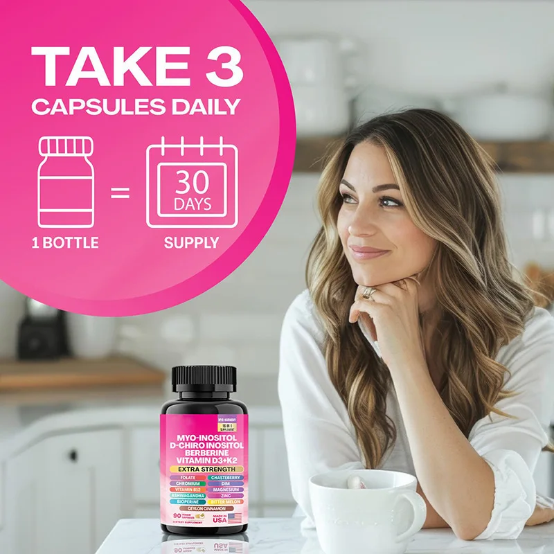 90 Capsules Myo Inositol Supplement 750mg, Berberine 500mg, D-Chiro Inositol 50mg, Folate 400mcg, Ashwagandha 100mg