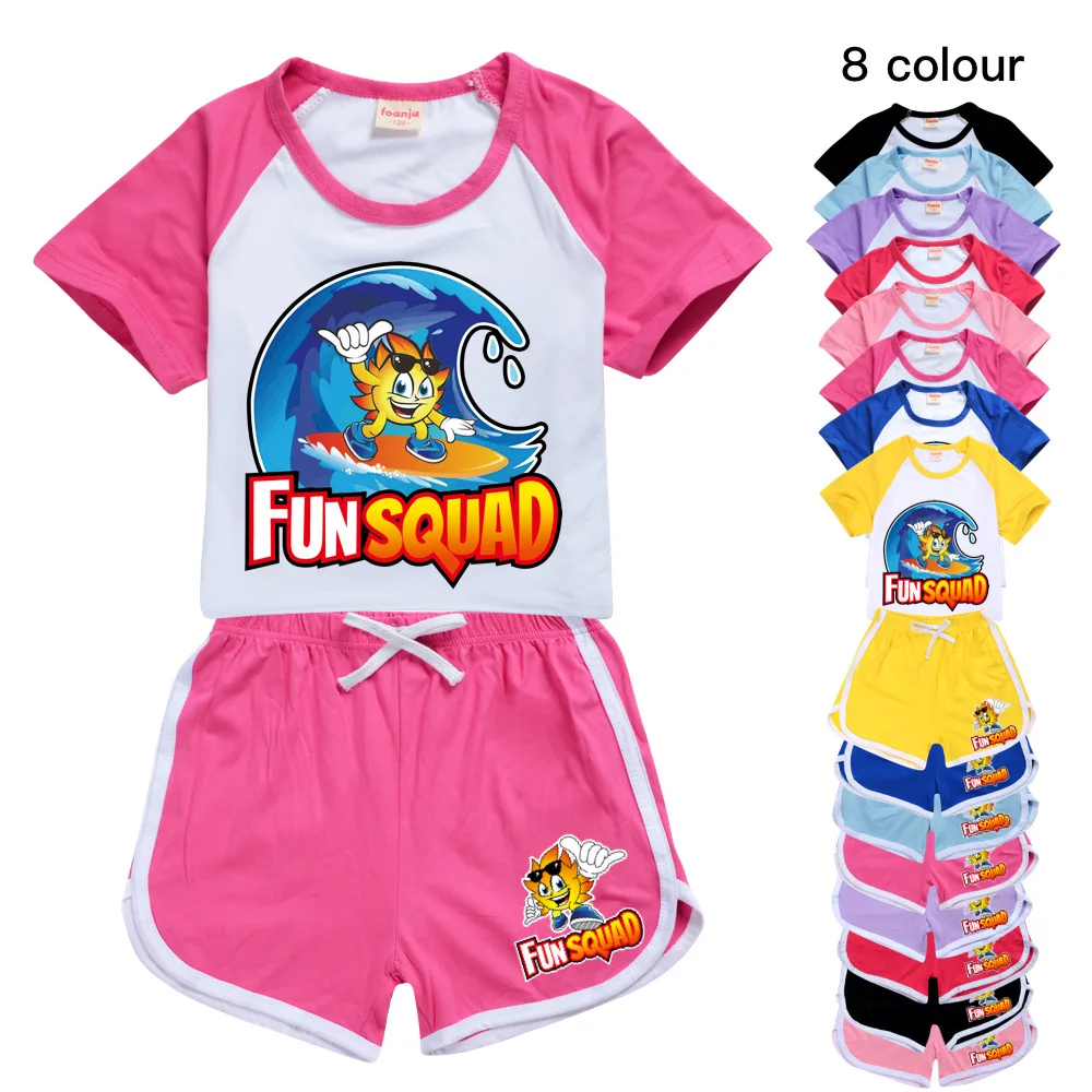 

New Girls Boys Summer Fun Squad Kids Sports T-shirt +Pants 2-piece/Set Baby Clothing Comfortable Outfits Pyjamas 2-16Y