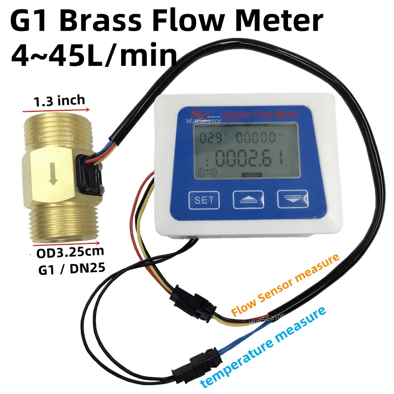 Digital Flow Meter 1" Turbine Flow Sensor 4-45L/min + NTC Temperature Measurement rate Total Liters
