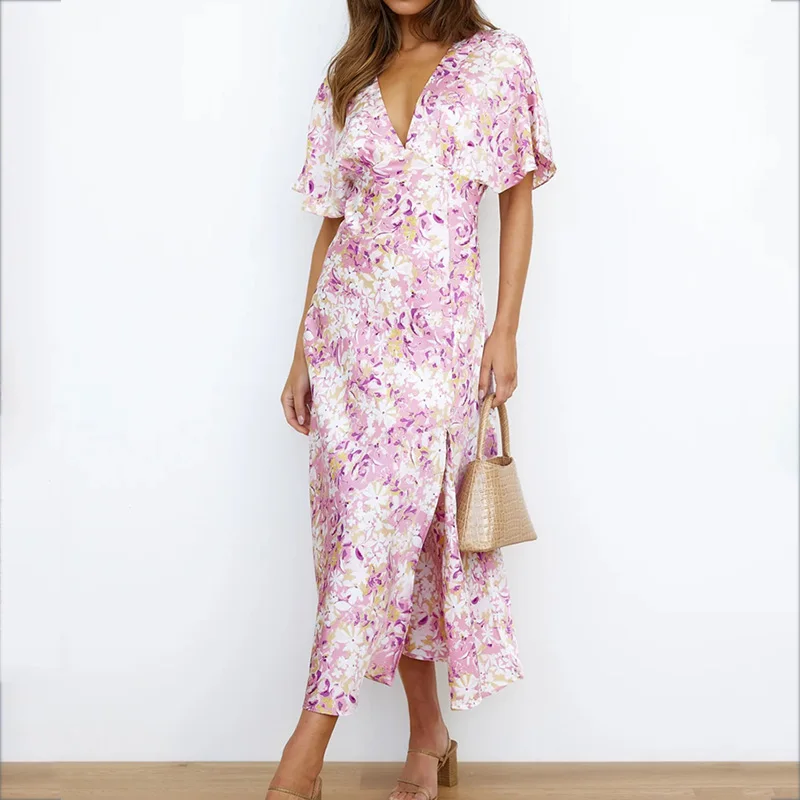 

French Style Long Dress Elegant Purple Floral Print V Neck Straigh Boho Dress Summer Short Batwing Sleeve Party Beach Vestidos