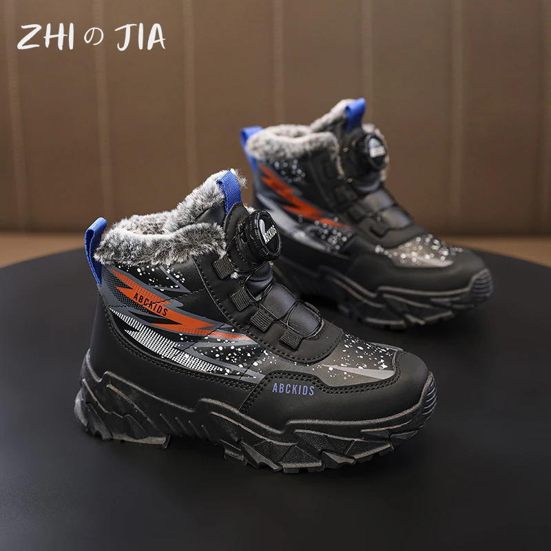 Winter High Top Rotary Buckle Plush Shoes Children\'s New Anti Slip Durable Snow Boots Boys and Girls Fashion Casual Warm Shoes