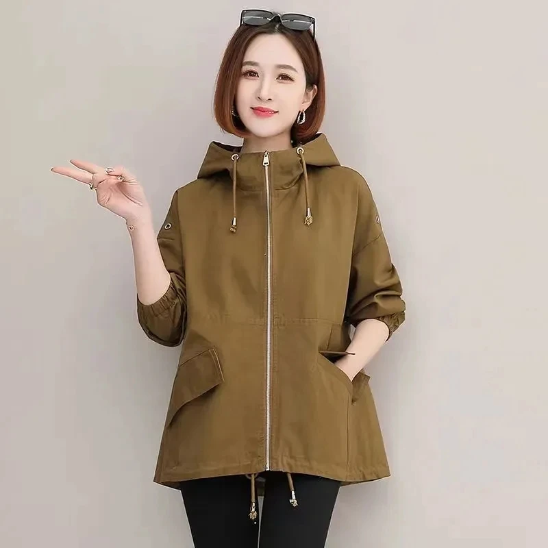 

2023 New Korean Women's Short Jacket Autumn Long Sleeve Windbreaker Female Hooded Overcoat Casual Simple Basic Outerwear Ladies