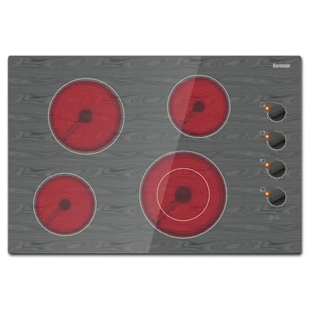 Electric Cooktop 30 Inch Knob Control Stove Glass Ceramic 4 Burners Beautiful Wooden Pattern 220V 1200W/1800W/1250/2500W(Dual