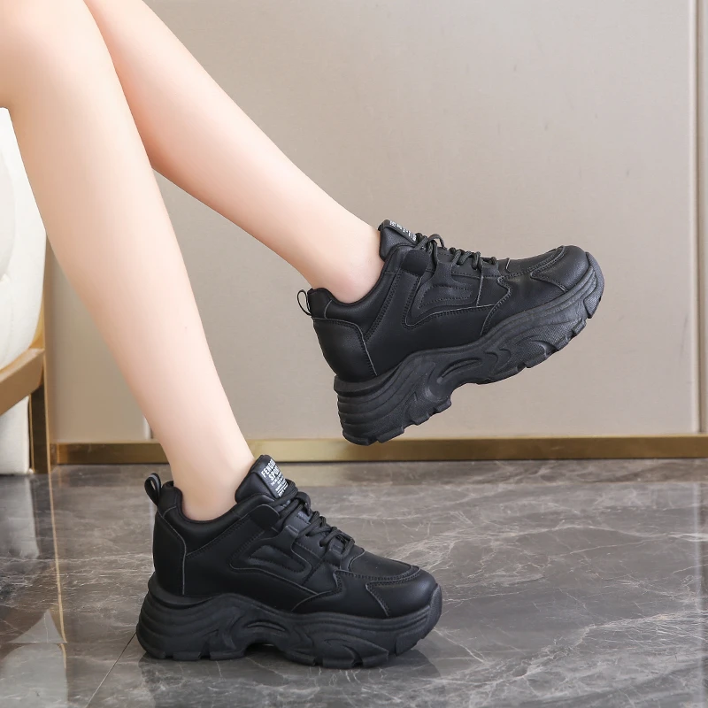 White Platform Women's Sneakers 2024 Spring Lace-Up Thick Bottom Vulcanize Shoes Woman Pu Leather Breathable Sports Shoes Ladies 5
