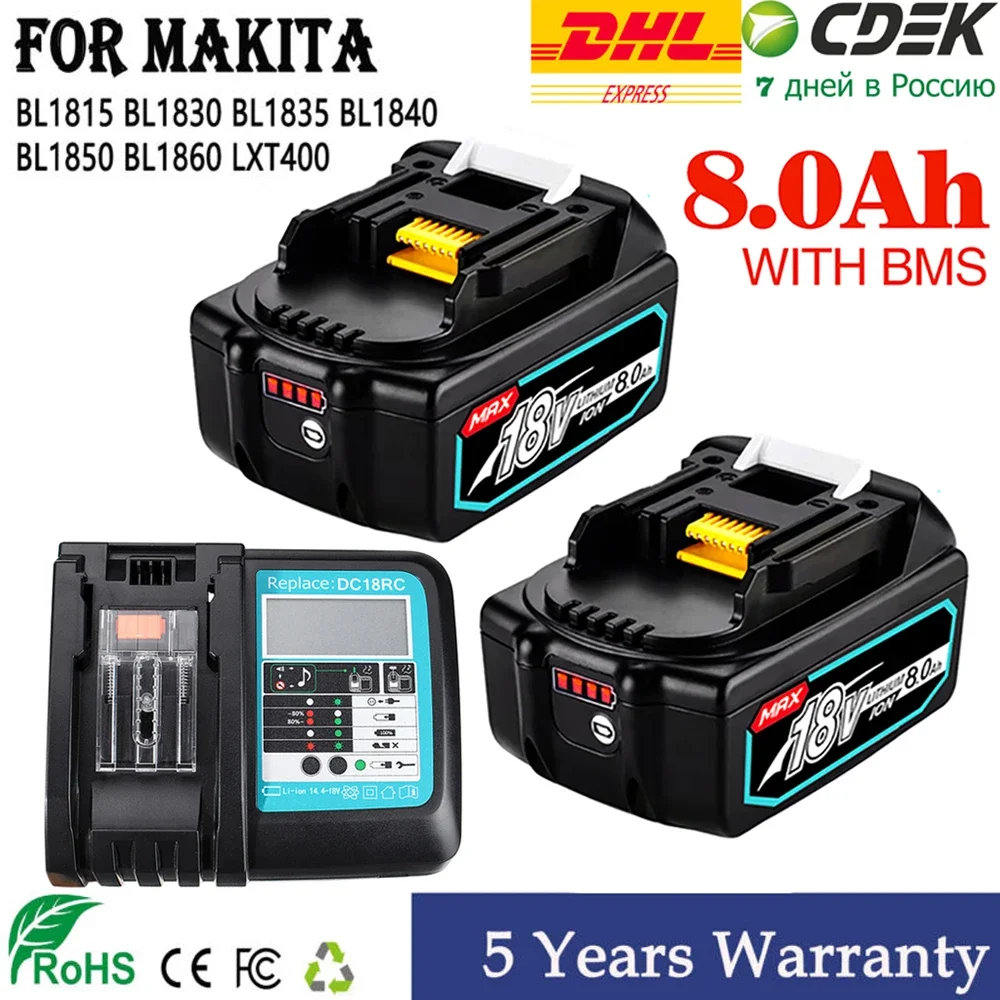 

Original Makita 18V 6.0 8.0Ah Rechargeable Battery For Makita Power Tools with LED Li-ion Replacement LXT BL1860 1850 18v8000mAh