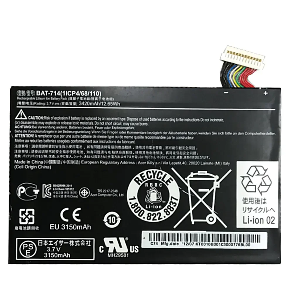 

Аккумуляторы 3,7 в 3420 мАч для acer Iconia Tab A110 KT0010G001 BAT-714