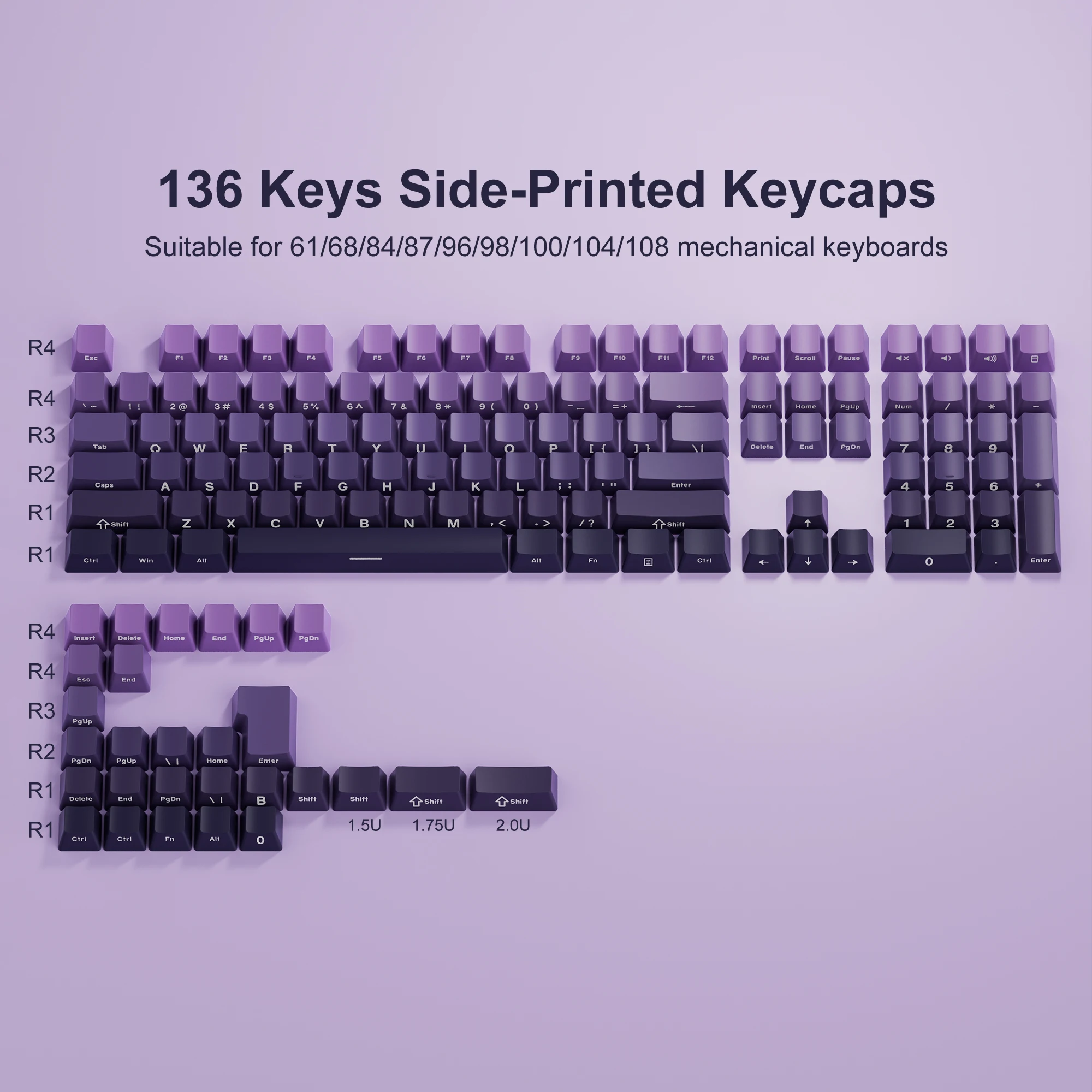 Lado Impresso Pbt Keycaps Roxo do Inclinação Brilho Dobro do Tiro Através de Keycaps Perfil do Oem Interruptores de Gateron mx 136 Chaves - Imagem 3