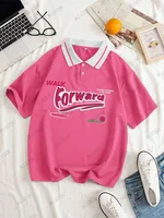 Summer Autumn Forward Print Graphic Contrast Color Loose Polo Shirt Short Sleeve Lapel T-shirt Women's Oversized Unisex Tops - Image 2