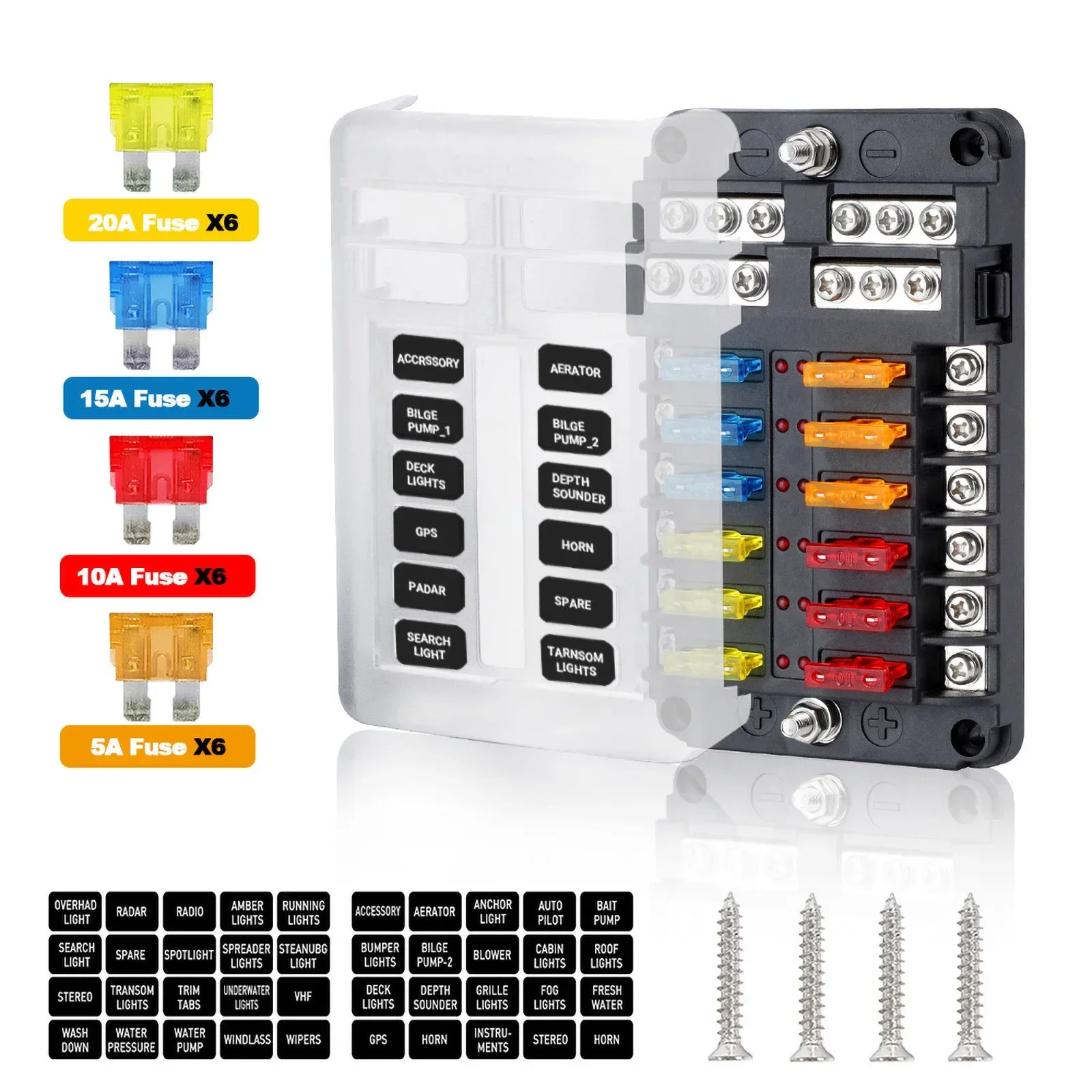 12 Way Fuse Box 6 Way Blade Fuse Block Holder Waterproof M5 Stud With LED Indicator Light For Auto Car Boat Turck Marine 12V 32V