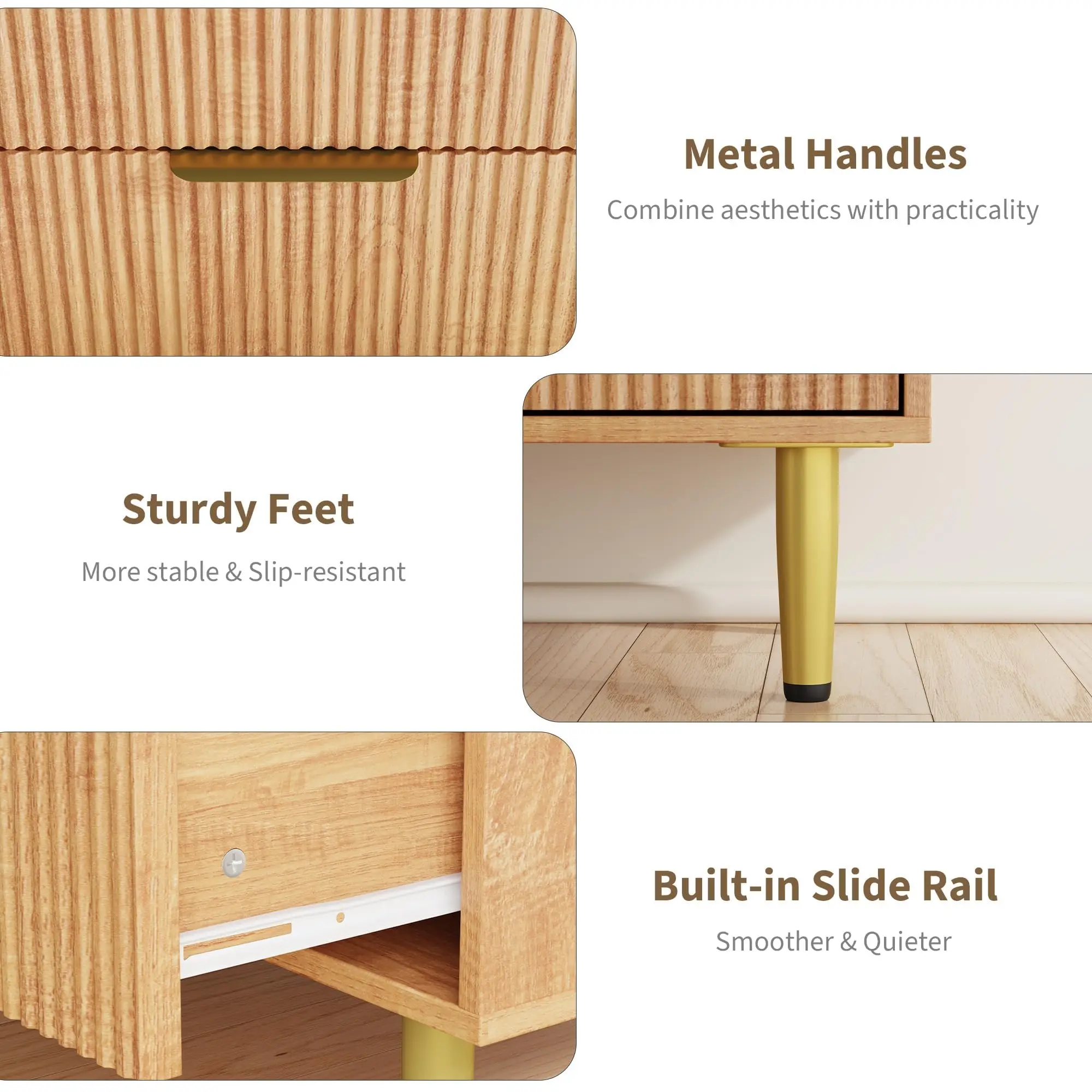 Moderne geriffelte Kommode mit 3 Schubladen – Holzkommode für Schlafzimmer und Wohnzimmer – Metallgriffe und -füße – Detail 7