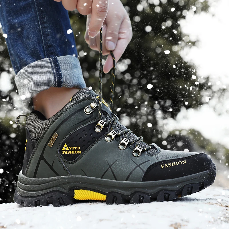 Brand Men Winter Snow Boots Waterproof Leather Sneakers Super Warm Men's Boots Outdoor Male Hiking Boots Work Shoes Size 39-47
