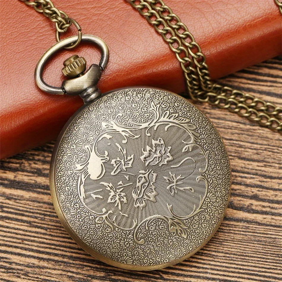 1pc Bronze Bull Head Hollow Cover Quartz Pocket Watch Cool Souvenir Pendant Necklace Watch Gifts For Men