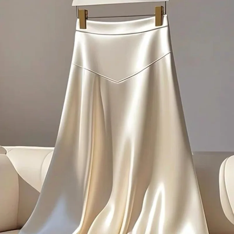 OCEANLOVE White Satin Skirts Women A-line French Style Elegant Vintage Solid Jupe Femme Fashion Simple Long Skirt 2