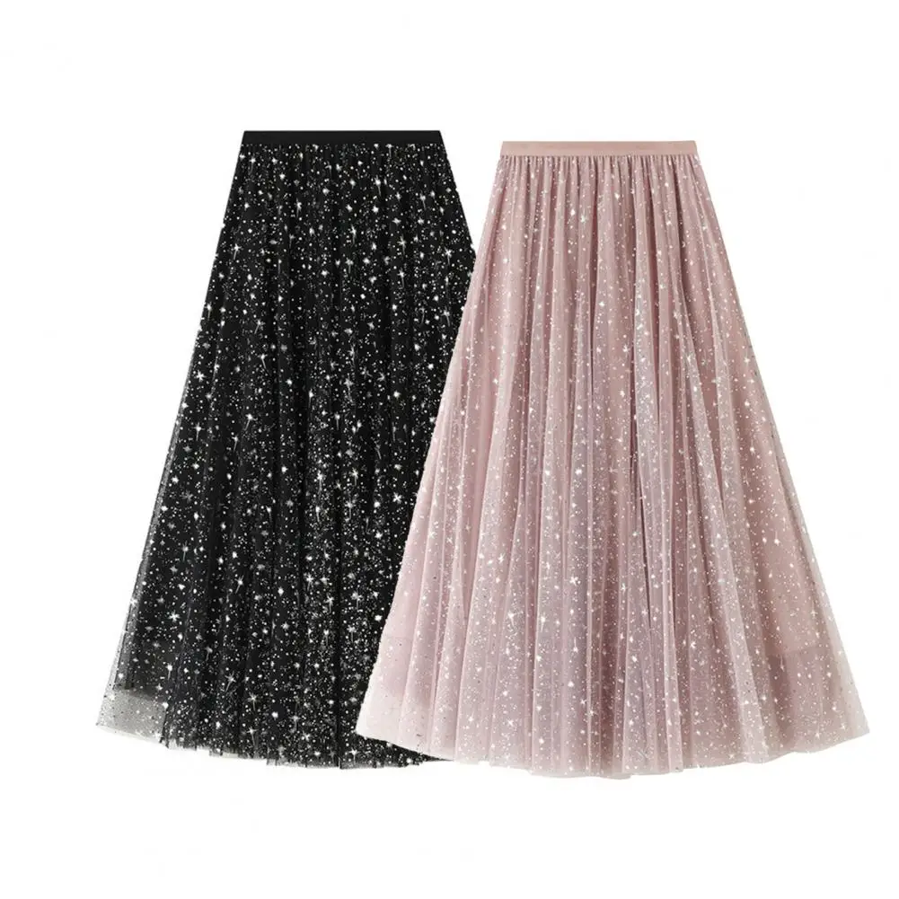 

Women A-line Tulle Skirt Sequins Star Print Tulle A-line Skirt High Waist Layered Lace Pleated Midi Skirt for Women Elegant