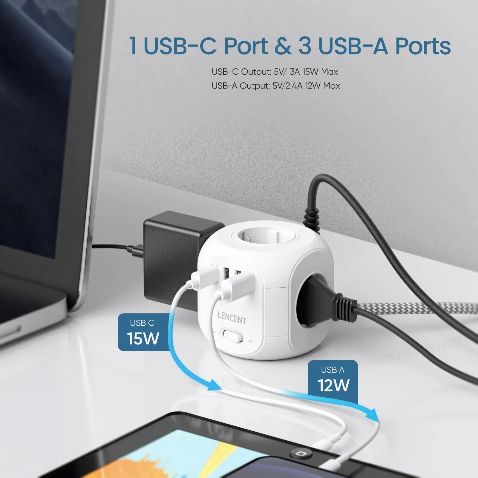 Power Strip LENCENT EU Plug with 4 AC Outlets 3 USB Port 1 Type C 2M/3M Braided Cable Multi Socket with Switch for Home