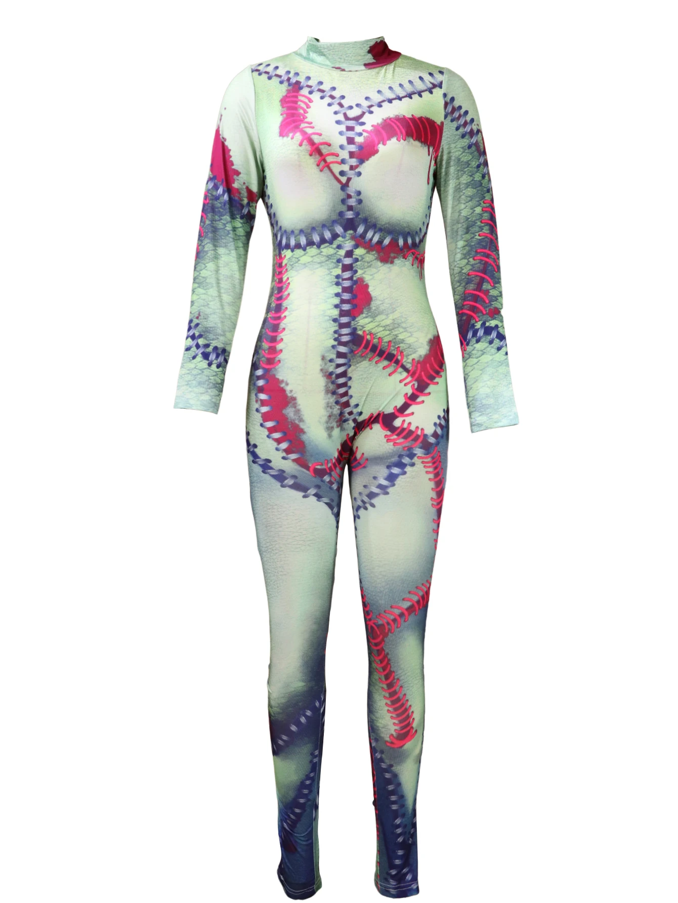 Long-Sleeved Jumpsuit Women Masquerade Horror Scary 3D Print Halloween Cosplay Costume Ladies Skinny Playsuits Elastic Zentai