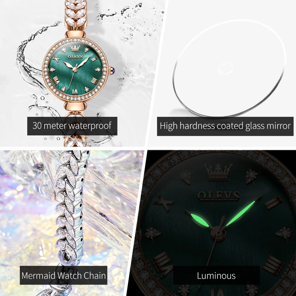OLEVS Fashion Rose Gold Green Quartz Watch for Women Luxury Crystal Diamond Bracelet Waterproof Womens Watches Montre Femme
