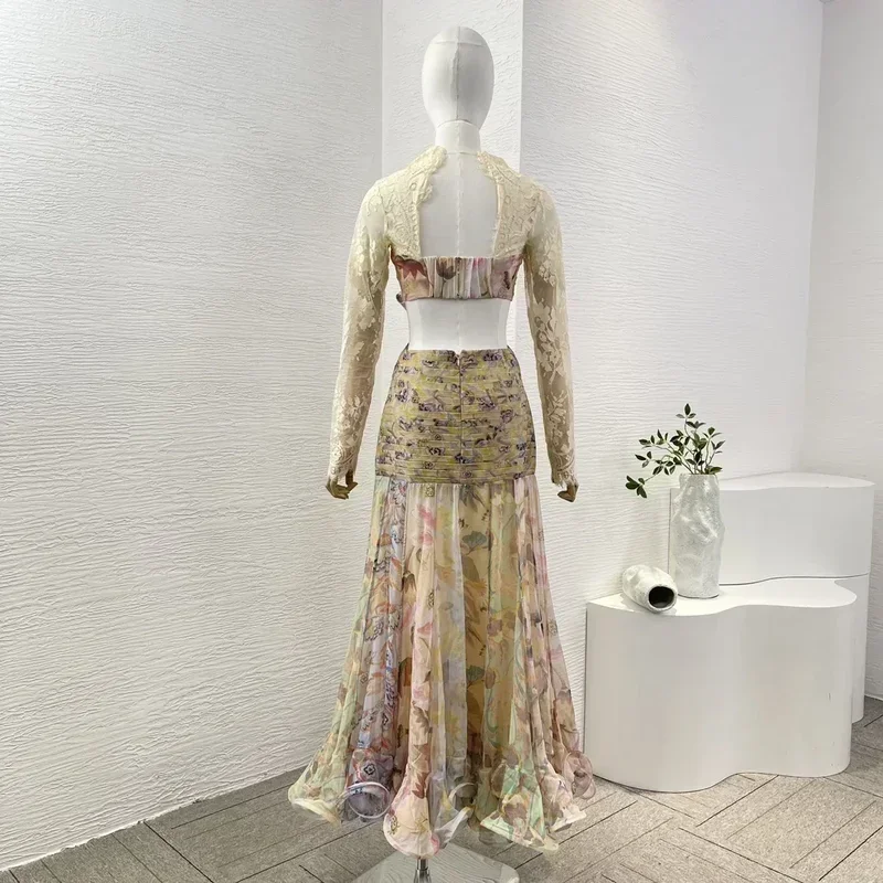 2024 New Hot Multicolor Floral Print Backless Long Sleeve Lace Patchwork Bow Pleat Maxi Women‘s Dress