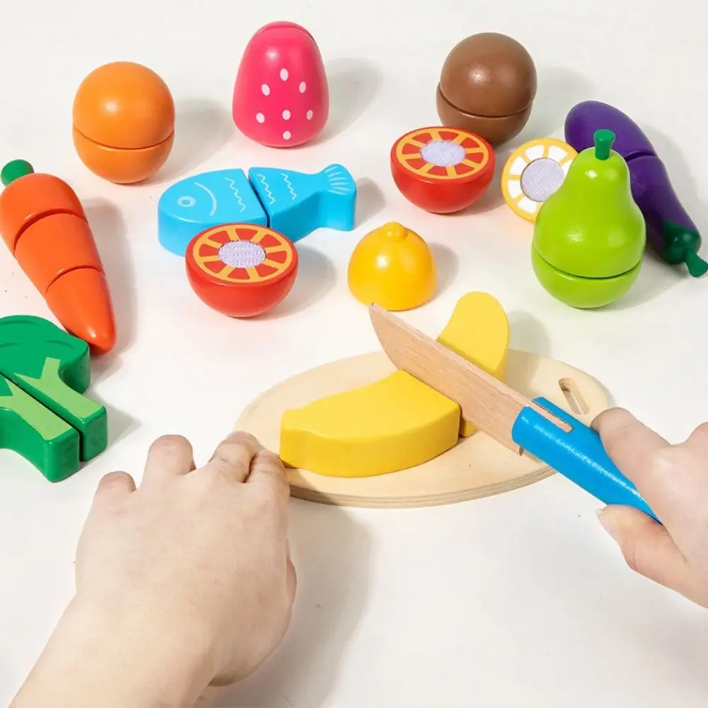 Wooden Fruit Cutting Toy Educational Features Simulation Simulation Kitchen Toy Magic Sticker Bucket Style