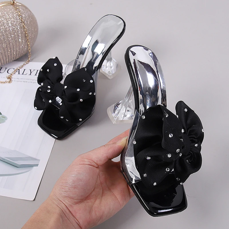 2025 New Fashion Crystal Bow High Heels Slippers Shoes Woman Sexy