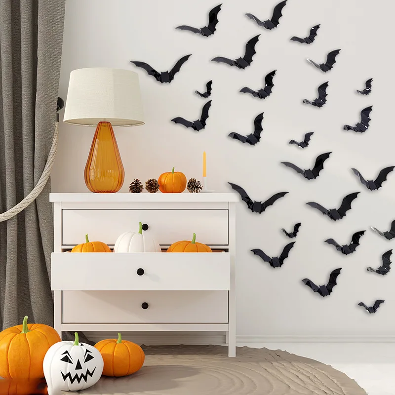 12 stücke/48 stücke Halloween Thema Terror Schwarz Fledermäuse Prop Wand Aufkleber Spukhaus Hause Schlafzimmer Indoor Outdoor Dekoration liefert – Detail 5