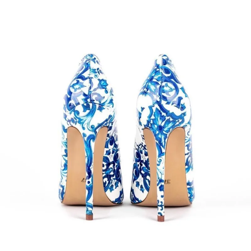 2023 New Blue and White Ceramic Same Color Pointed Thin Heel Lacquer Leather Elegant Sexy Women's Super High Heel Banquet Shoes