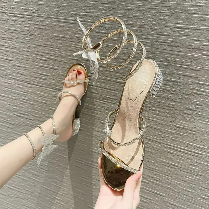 Summer Women's Sandals Fashion Rhinestone Butterfly Wrap Mid Heel Banquet Luxury Wedding Bridal Shoes