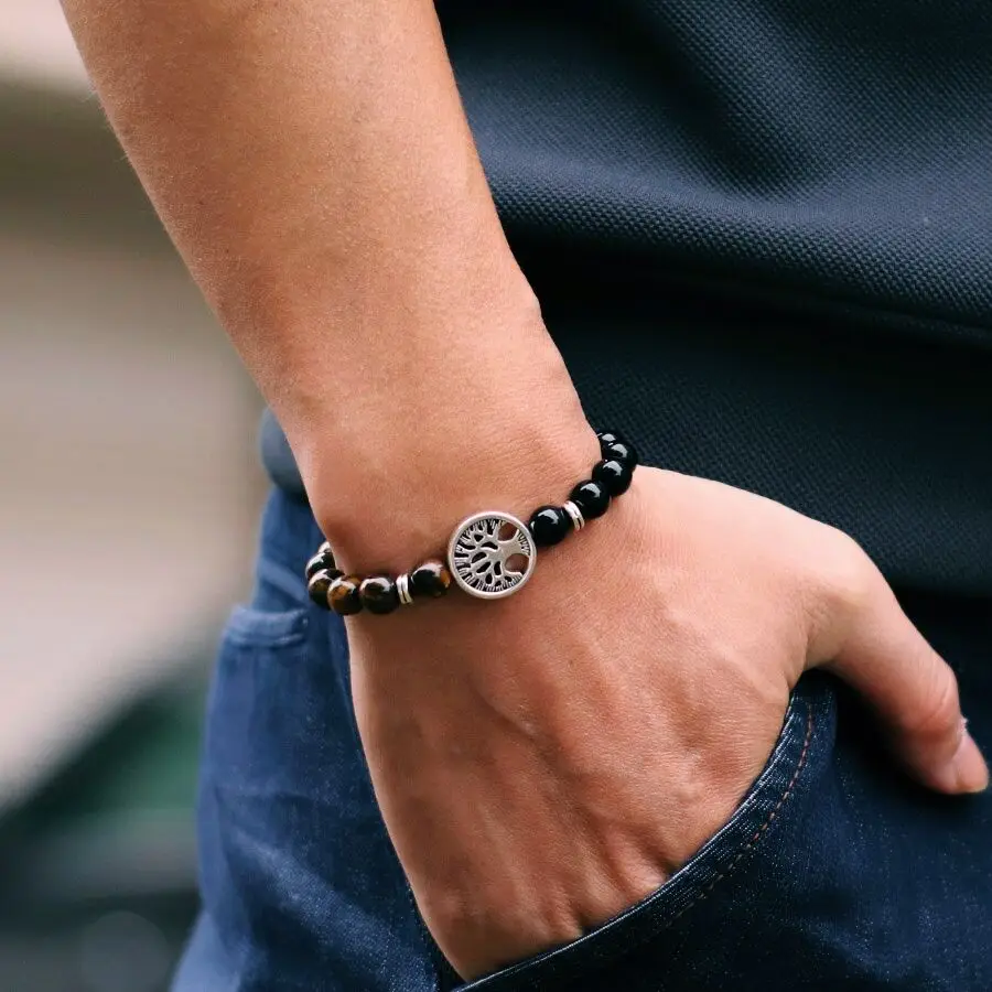 New Fashion Life Tree Bracelet For Men Bicolor Natural Tiger Eyes Obsidian Stone Braslet Lucky Red Howlite Charm Braclet Pulsera - Image 5
