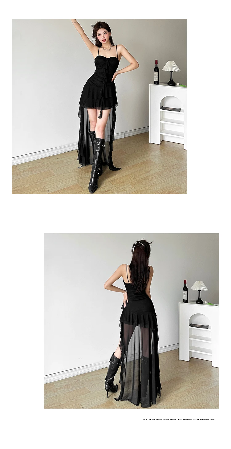 Y2K Irregular Ruffles Spaghetti Strap Summer New Midi Dresses for Women Birthday Party Dress Club Prom Robe Sexy Vestidos Mujer